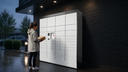 Woman getting package from locker at night
