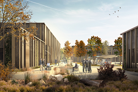 Visualisierung eines Neubaus in naturfarbener Fassade