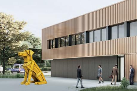 Visualisierung einer Hunde-Statue vor einem Bürogebäude