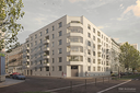 Visualisierung eines neuen, modernen Wohngebäudes an einer Straßenecke in Leipzig