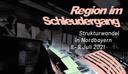 Poster mit industrieller Bildmontage im Hintergrund. Darauf steht der Titel ‚Region im Schleudergang – Strukturwandel in Nordbayern‘ sowie das Veranstaltungsdatum im Juli 2021.