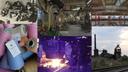 Collage aus sechs Fotos verschiedener Industrieumgebungen: Schuhfertigung, alte Fabrikhalle mit Maschinen, leere Halle mit AEG-Schriftzug, Garnspulen, Gießerei mit flüssigem Metall und ein stillgelegtes Industriegelände mit Schornsteinen.
