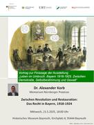 Ein Poster zeigt oben mehrere Logos wissenschaftlicher Einrichtungen. Darunter befindet sich eine gezeichnete Gerichtsszene: Personen sitzen an Tischen, an der Wand hängt ein großes Porträt eines Mannes in Uniform. In Sprechblasen stehen markante Aussagen über Verantwortung und Urteil. Unter der Illustration kündigt ein grüner Balken einen Vortrag zur Finissage einer Ausstellung an. Es folgen Name und Institution des Referenten, der Titel des Vortrags sowie Datum, Uhrzeit und der Veranstaltungsort im Historischen Museum Bayreuth. Rechts unten steht ein kleiner Bildnachweis.