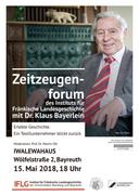 Veranstaltungsplakat zu einem Zeitzeugengespräch. Im Hintergrund sitzt ein älterer Herr mit roter Kravatte vor dem Kamin