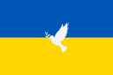 Ukrainische Flagge mit blau-gelben Querstreifen. Mittig befindet sich eine weiße Taube mit einem Zweig im Schnabel.