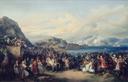 Historiengemälde von Peter von Hess: Der Einzug König Ottos von Griechenland in Nauplia. Eine große Menschenmenge in traditioneller Kleidung empfängt den jungen König und sein Gefolge am Hafen. Im Hintergrund liegen die befestigte Stadt und zahlreiche Schiffe vor einer bergigen Küstenlandschaft unter einem weiten, wolkenreichen Himmel.