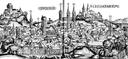 Holzschnitt der Stadt Bamberg in der Schedelschen Weltchronik aus dem Jahr 1493. Die Darstellung ist schwarz-weiß und zeigt eine typisierte Darstellung Bambergs im Spätmittelalter