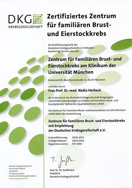 Zertifikat Zentrum für Familiären Brust- und Eierstockkrebs