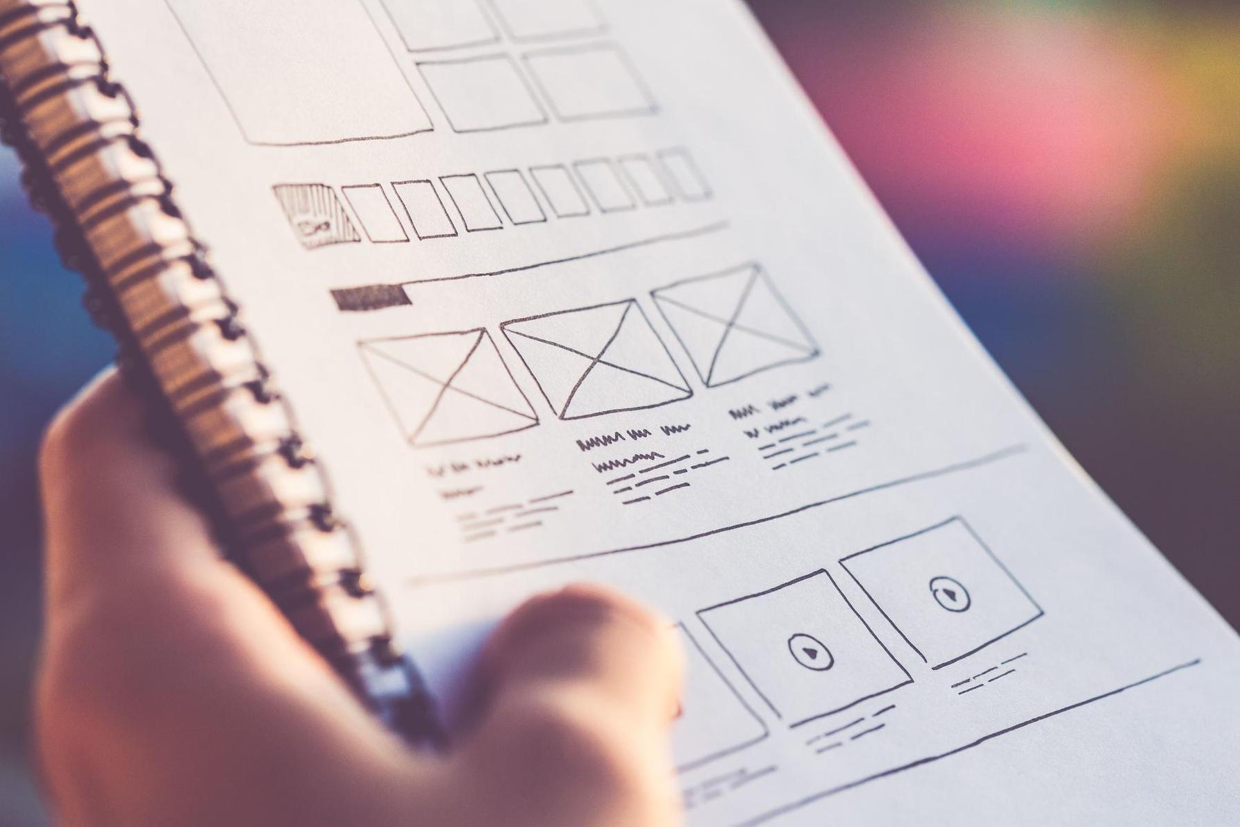Konzept Webseiten-Aufbau NTII Wireframe auf auf einem Ringbuch, gehalten von einer Hand