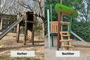 Vorher-Nachher-Bild von de Spielturm auf dem Spielplatz Jülicherstraße in Krefeld Fischeln