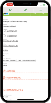 smart phone with CRM GUI and detail navigation bar, first row hidden