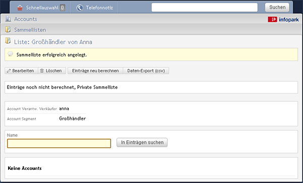 Detailseite einer neuen automatischen Sammelliste