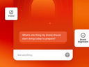 AI chat interface on an orange-red background with a branding strategy prompt and floating feature cards.