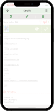 Smart phone with CRM GUI and details navigation bar highlighted