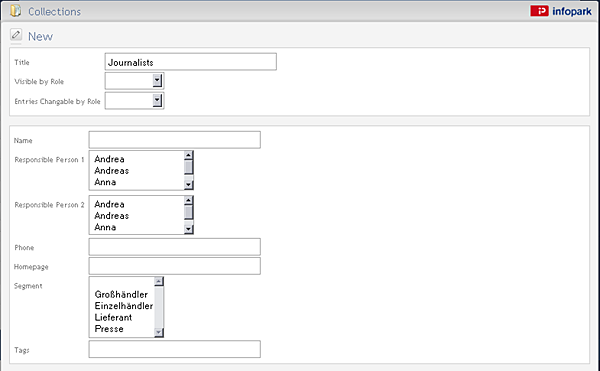 Upper part of the form for defining an automatic contact person collection