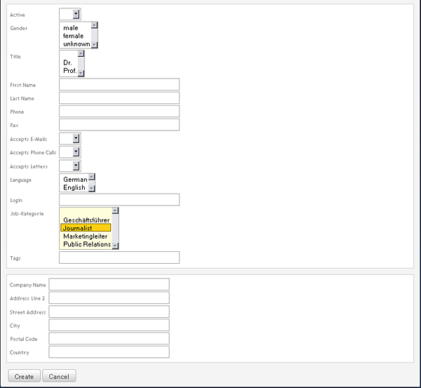 Lower part of the form for defining an automatic contact person collection