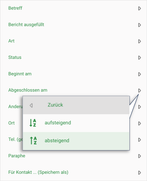 Menu with some entries for the sort attribute and follow up menu for direction
