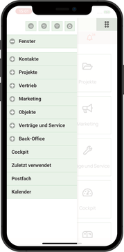 smart phone with CRM GUI and side navigation