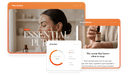 JustRelate Home platform interface showing digital asset management with brand assets library, email builder, smart content, and customer data capabilities