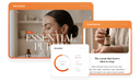JustRelate Home platform interface showing digital asset management with brand assets library, email builder, smart content, and customer data capabilities