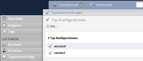 Hauptseite der Typ-Konfiguration