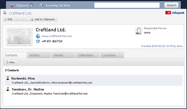 Account details with contact persons