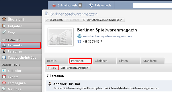 Neue Person anlegen (über Account)