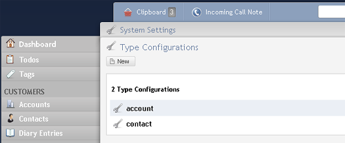 Type configurations main page