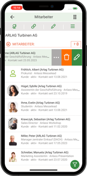 smart phone with CRM GUI with a list and the first record is slide to the left and unhides 3 functions