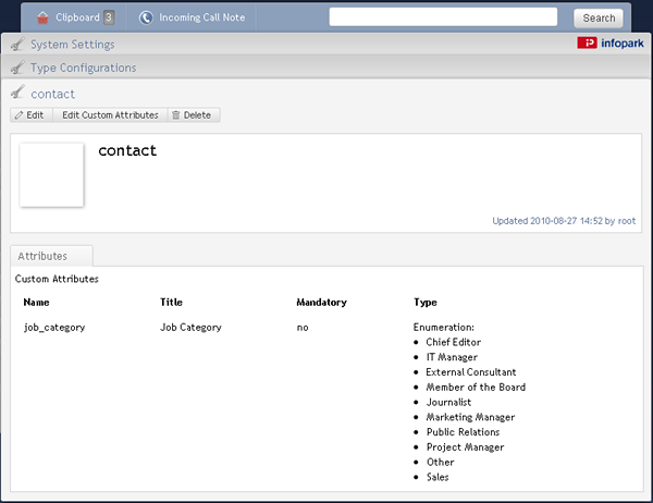 Main page of a type configuration