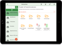 tablet with CRM GUI with media center tile view