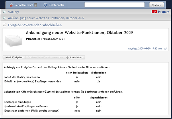 Freigeben / Senden / Abschließen