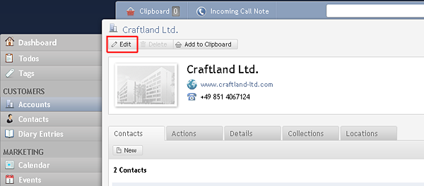 Button for editing an account
