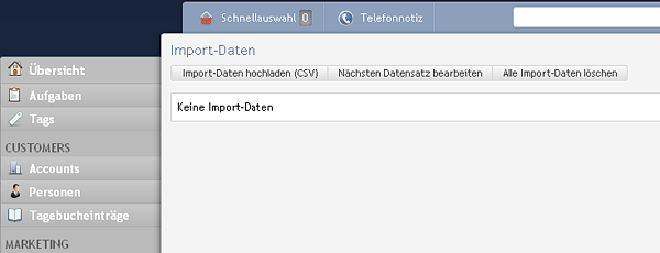 Hauptseite des Datenimports