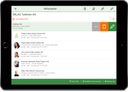 tablet with CRM GUI with list and the first record is slide to right and unhides 3 functions