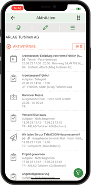 Smart phone with CRM GUI with a list