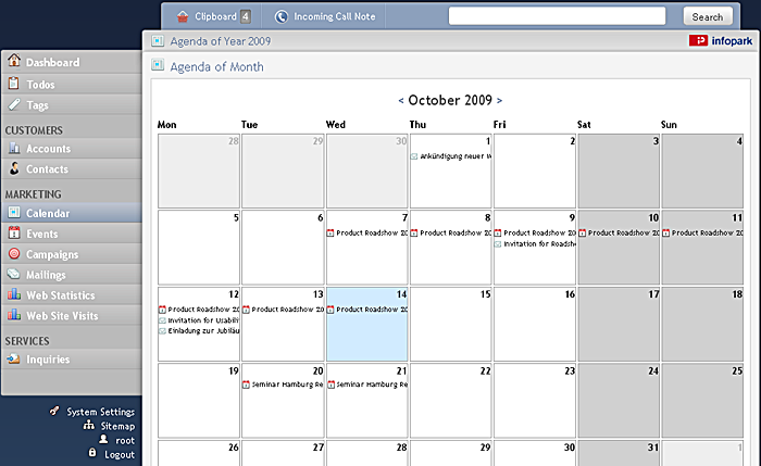 Monthly view of the calendar