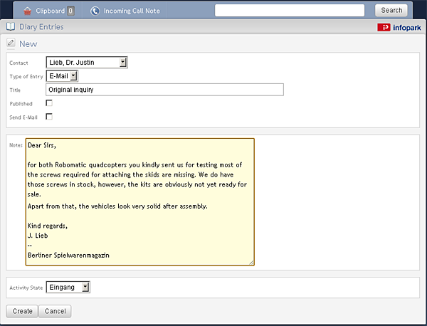 Form for creating a diary entry