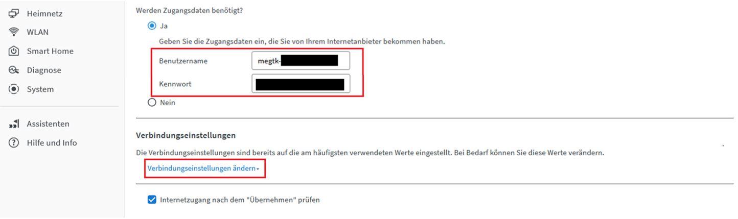 Screenshot der FRITZ!Box-Benutzeroberfläche: Individuelle Zugangsdaten in der Konfiguration hinterlegen