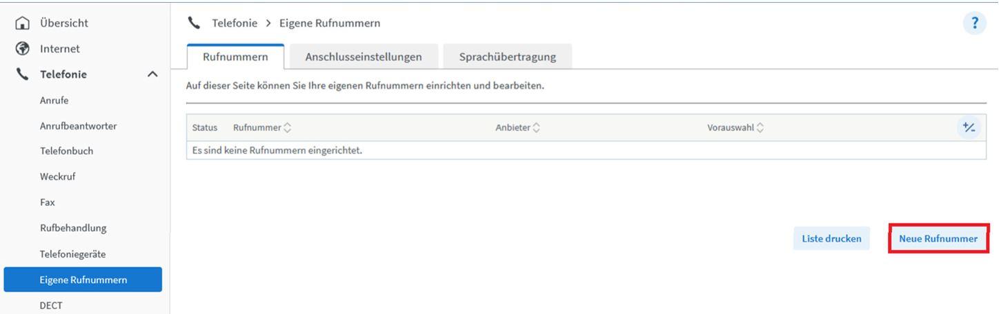 FRITZ!Box Benutzeroberfläche: Neue Festnetz-Rufnummer auf der FRITZ!Box einrichten