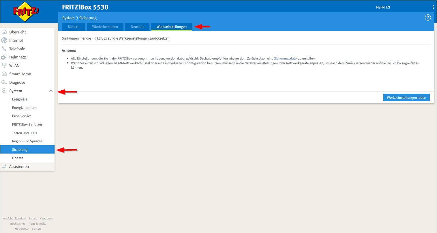 Screenshot der FRITZ!Box-Benutzeroberfläche für MAINGAU Glasfaser zum Zurücksetzen auf die Werkseinstellungen.