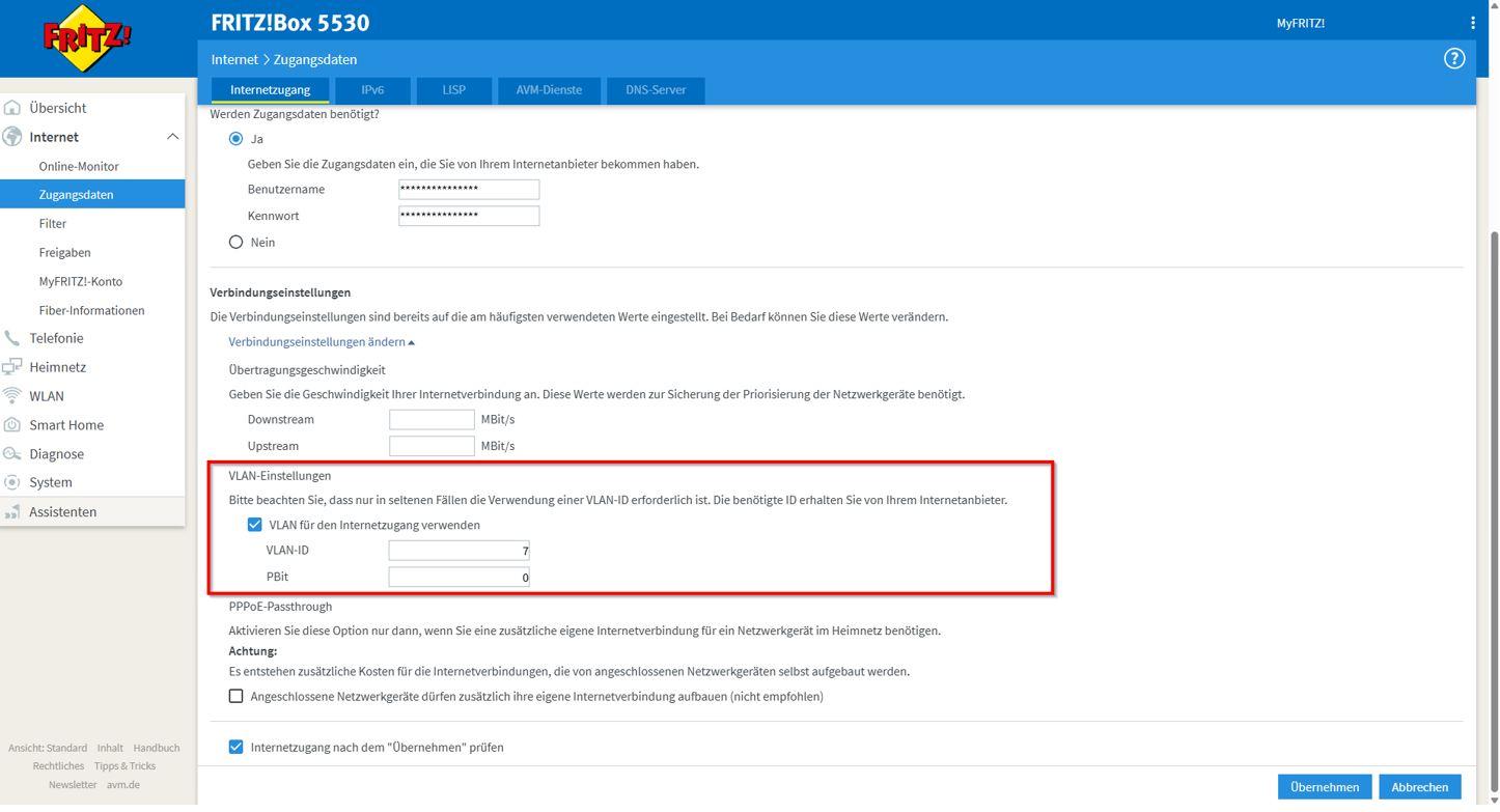 VLAN-Einstellungen in der FRITZ!Box Benutzeroberfläche bei der Routerkonfiguration