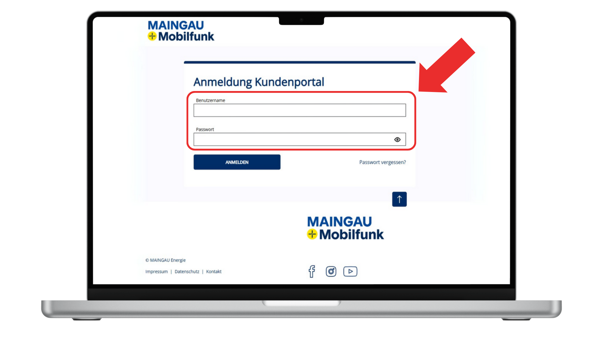 Screenshot des Mobilfunk Kundenportals mit Eingabemaske für den Login mit den Benutzerdaten, es ist markiert, wo die Anmeldedaten einzugeben sind