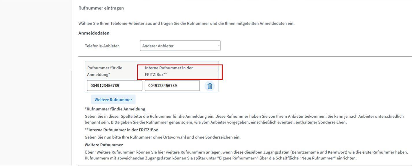 FRITZ!Box Benutzeroberfläche: Festnetznummer einrichten
