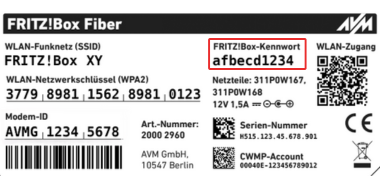 Aufkleber auf dem Glasfaser-Router mit dem FRITZ!Box-Kennwort