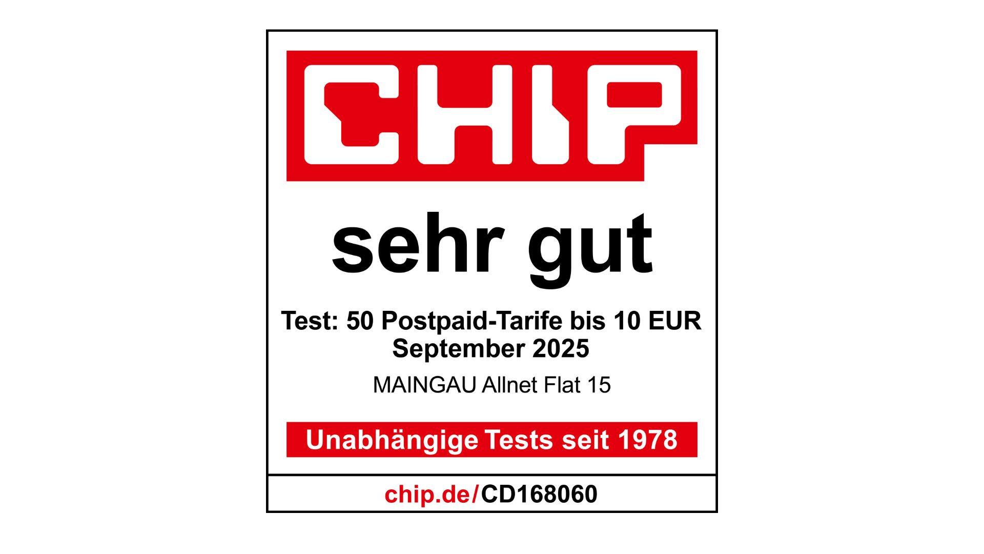 MAINGAU Mobilfunk: CHIP-Siegel „Die besten Postpaid-Angebote 2025“, Kategorie „bis 10 €“, Urteil „Sehr gut“