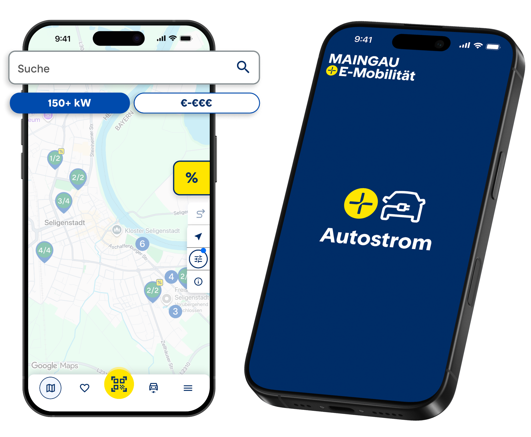 Auf zwei Smartphone-Bildschirmen wird die MAINGAU Autostrom App angezeigt. Der linke Bildschirm zeigt die Filterfunktionen in der Kartenansicht. Die Suche, die Filtermöglichkeit nach kWh und nach Preiskategorien sowie die Funktion zum Route planen sind hervorgehoben. Der rechte Bildschirm zeigt das Logo der MAINGAU Autostrom App.