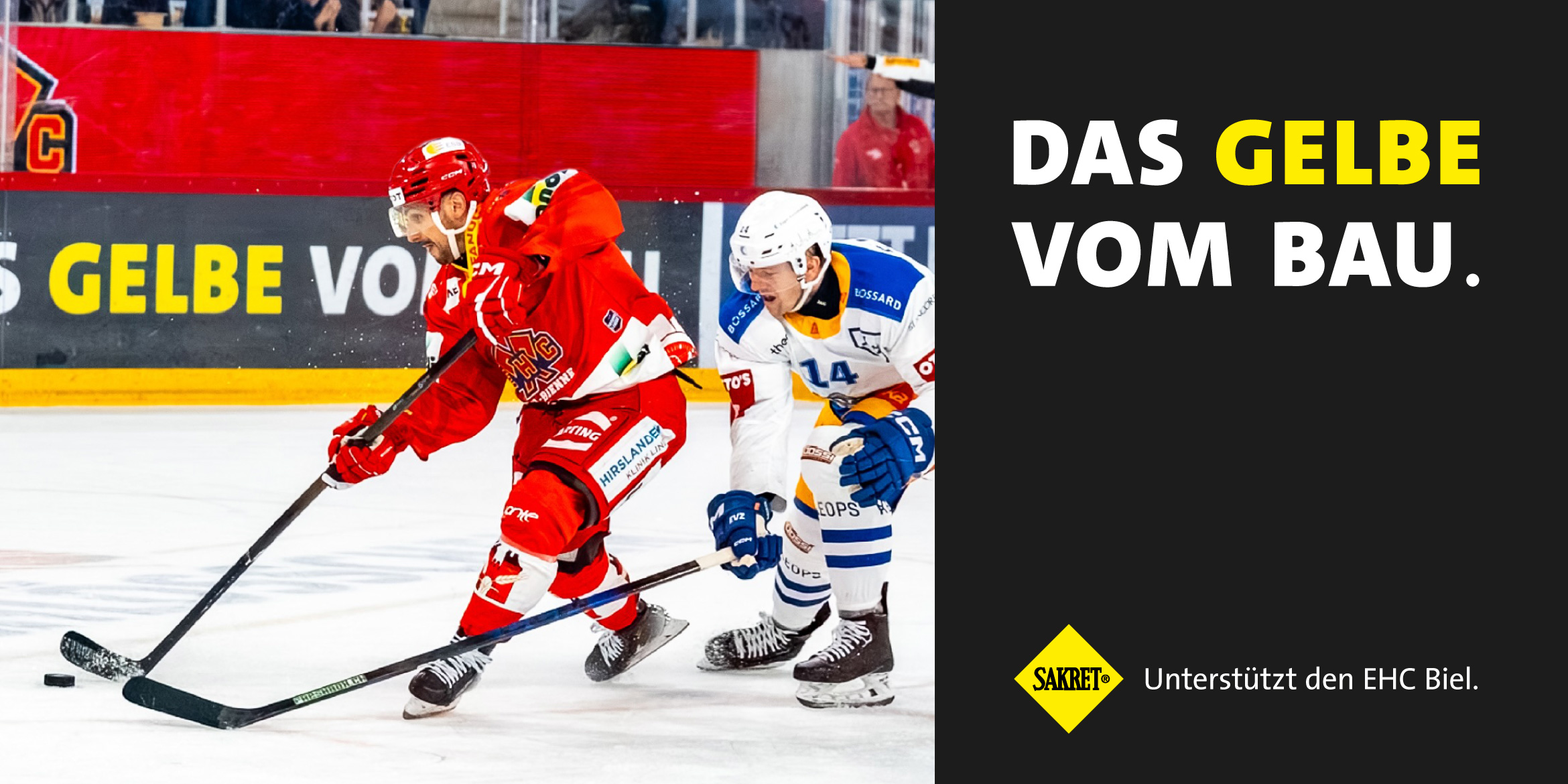 Bandenwerbung von Sakret AG Schweiz mit dem Slogan ‚Das Gelbe vom Bau‘ in der Tissot Arena, Bronzesponsor des EHC Biel