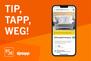 Tiptapp-App auf einem Mobiltelefon vor orangefarbenem Hintergrund mit BSR-Logo