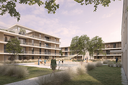 Visualisierung eines modernen Wohnblocks mit grünem Innenhof